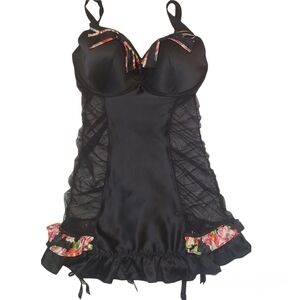 Victoria's Secret Lingerie Black Floral Bows, Mesh Panels, Garter Straps 36D